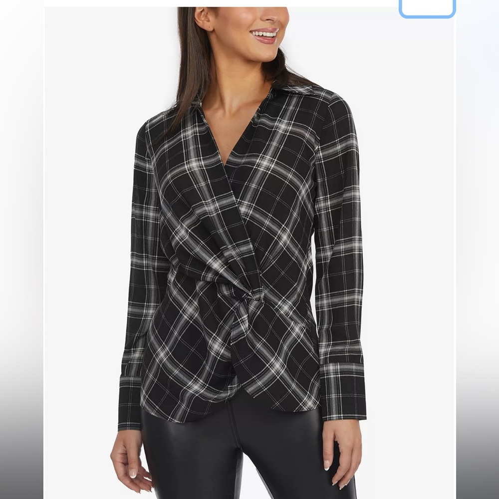 laundry by shelli segal front knot blouse black ivory plaid sz xs online $89!